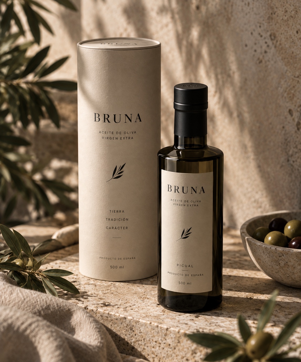 Botella y packaging cilíndrico del aceite de oliva Bruna