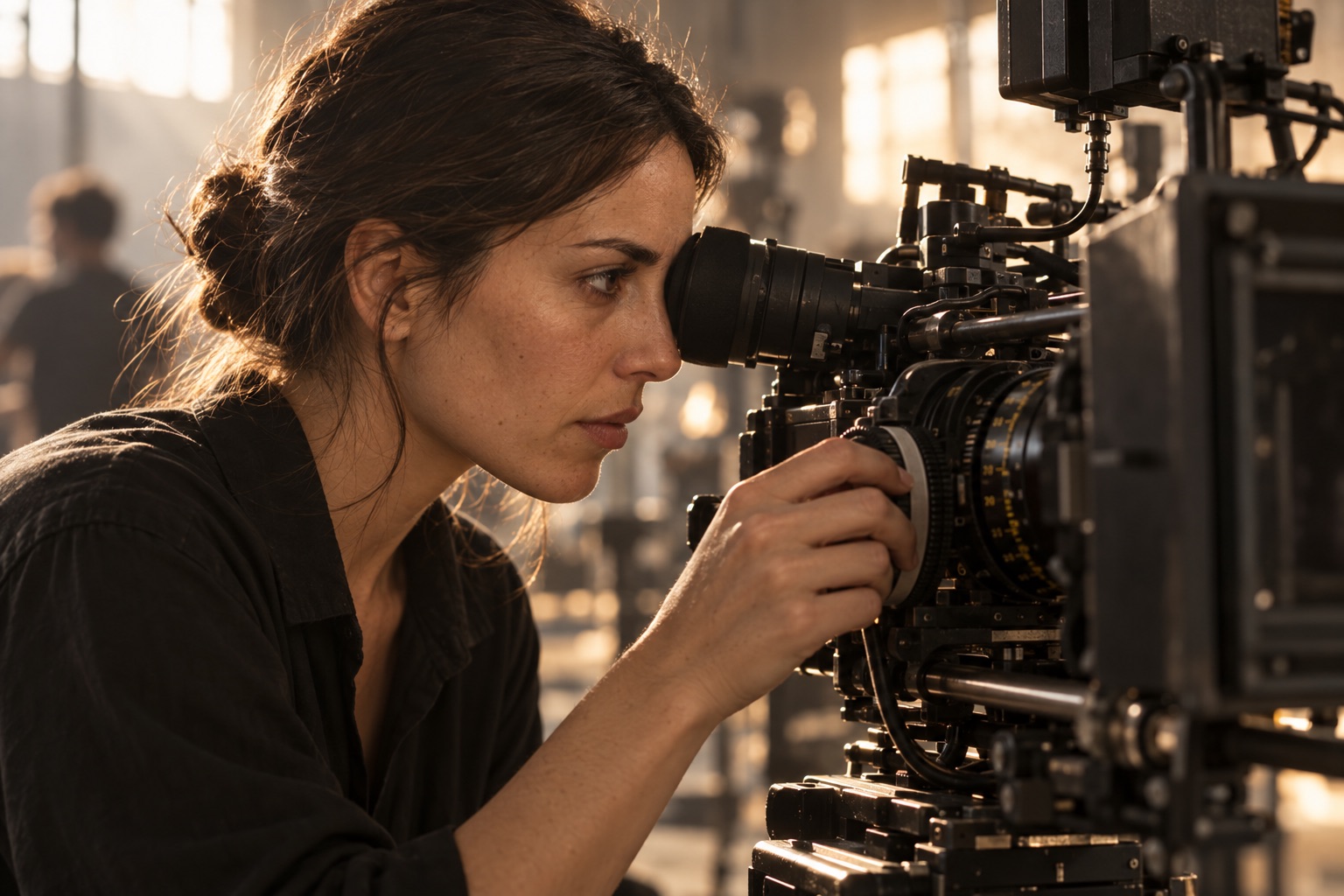 Primer plano realista de una directora manejando una cámara de cine en un set creado con IA